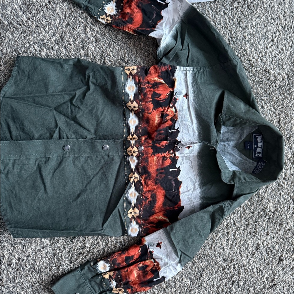 Kids Green Button Down Shirt with Western Print